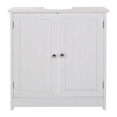 White wooden cabinet with two doors on a white background