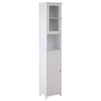 White tall cabinet with a glass door on a white background
