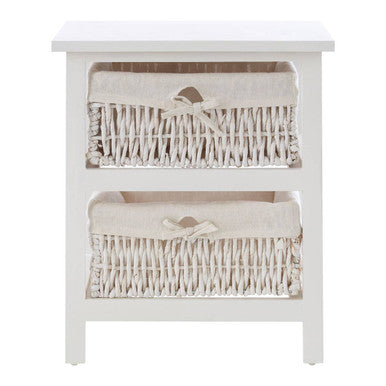 White nightstand with two wicker baskets on a white background