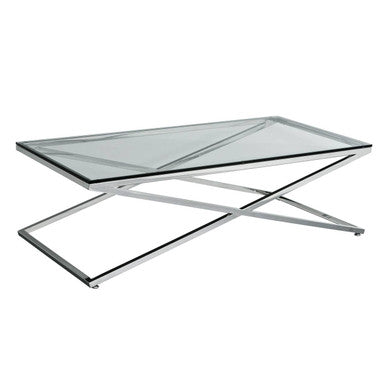 Glass coffee table with metal frame on a white background