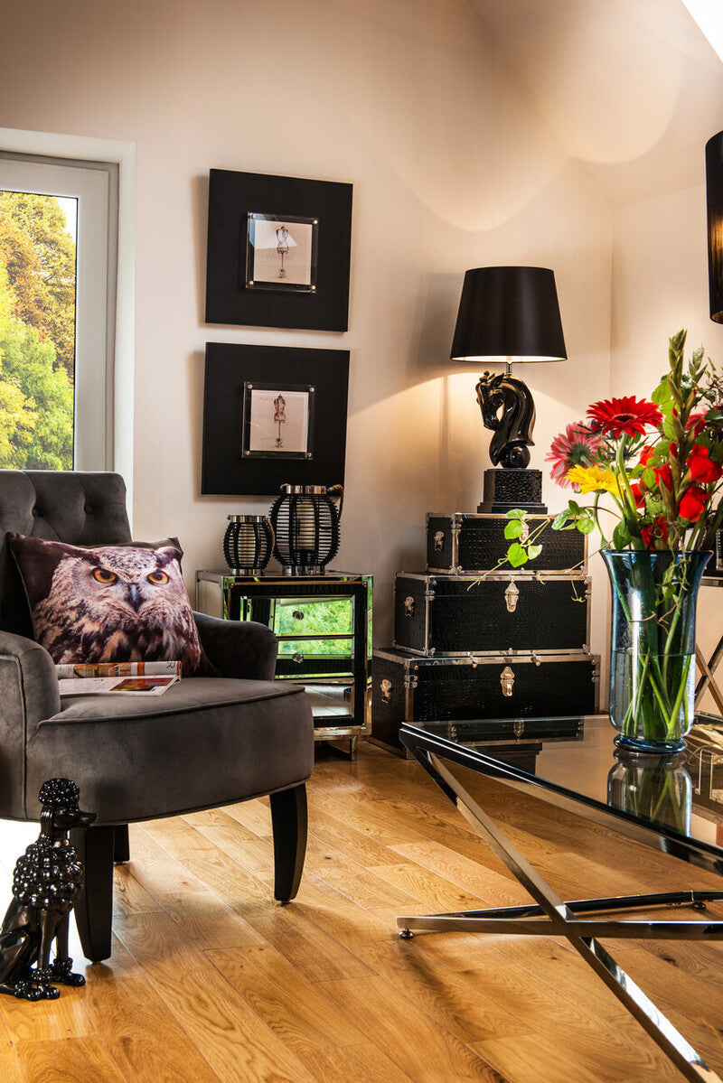 Clear Glass Top Coffee Table with Glistening Silver Stainless Steel Cross Base, Montril