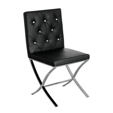 Black tufted chair with silver X-shaped legs on a white background