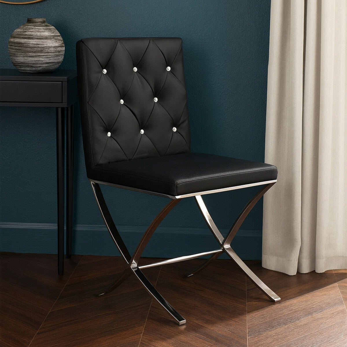 Diamante Black Leather Effect Chair With Stainless Steel Cross Legs