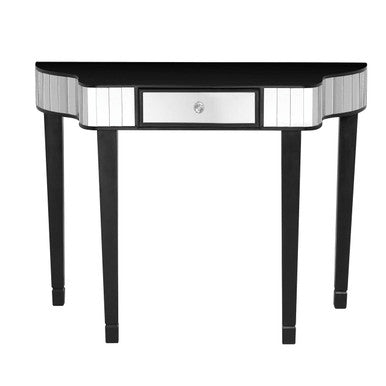 Console table with black and silver mirrored design on a white background