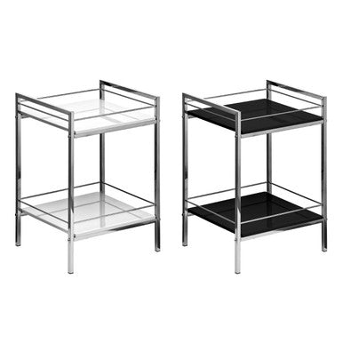 Two metal side tables with glass shelves on a white background