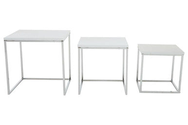 Three white nesting tables on a white background