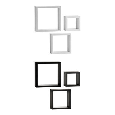 Set of square wall shelves in black and white on a white background