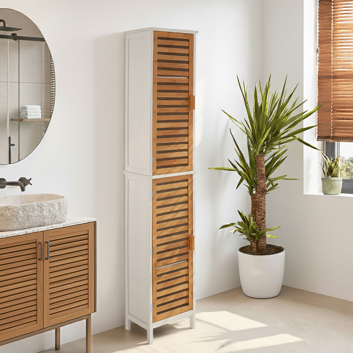 Bathroom with wooden and white tall cabinet, sink, and plants.