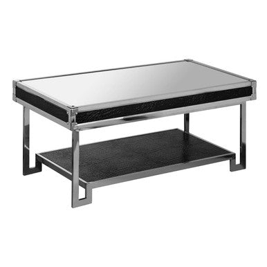 Coffee table with a reflective surface and black shelf on a white background