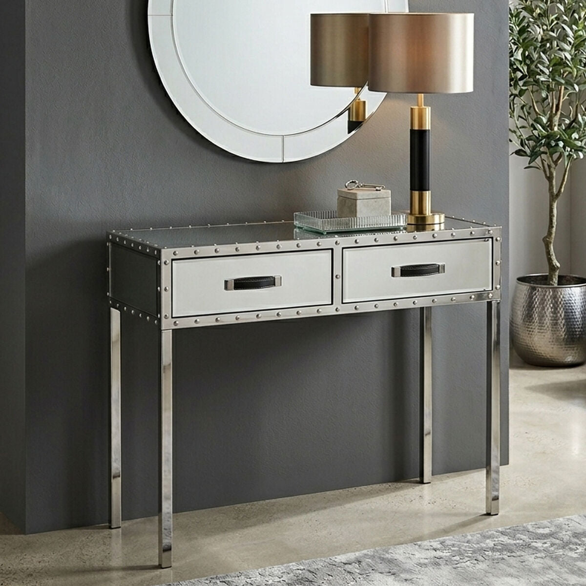 Silver 2 Drawer Glass Console Table | Rivet
