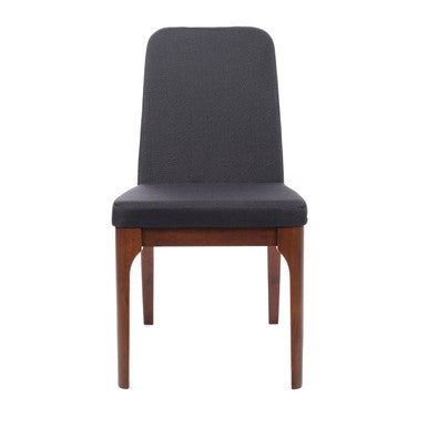 Gray upholstered chair with wooden legs on a white background