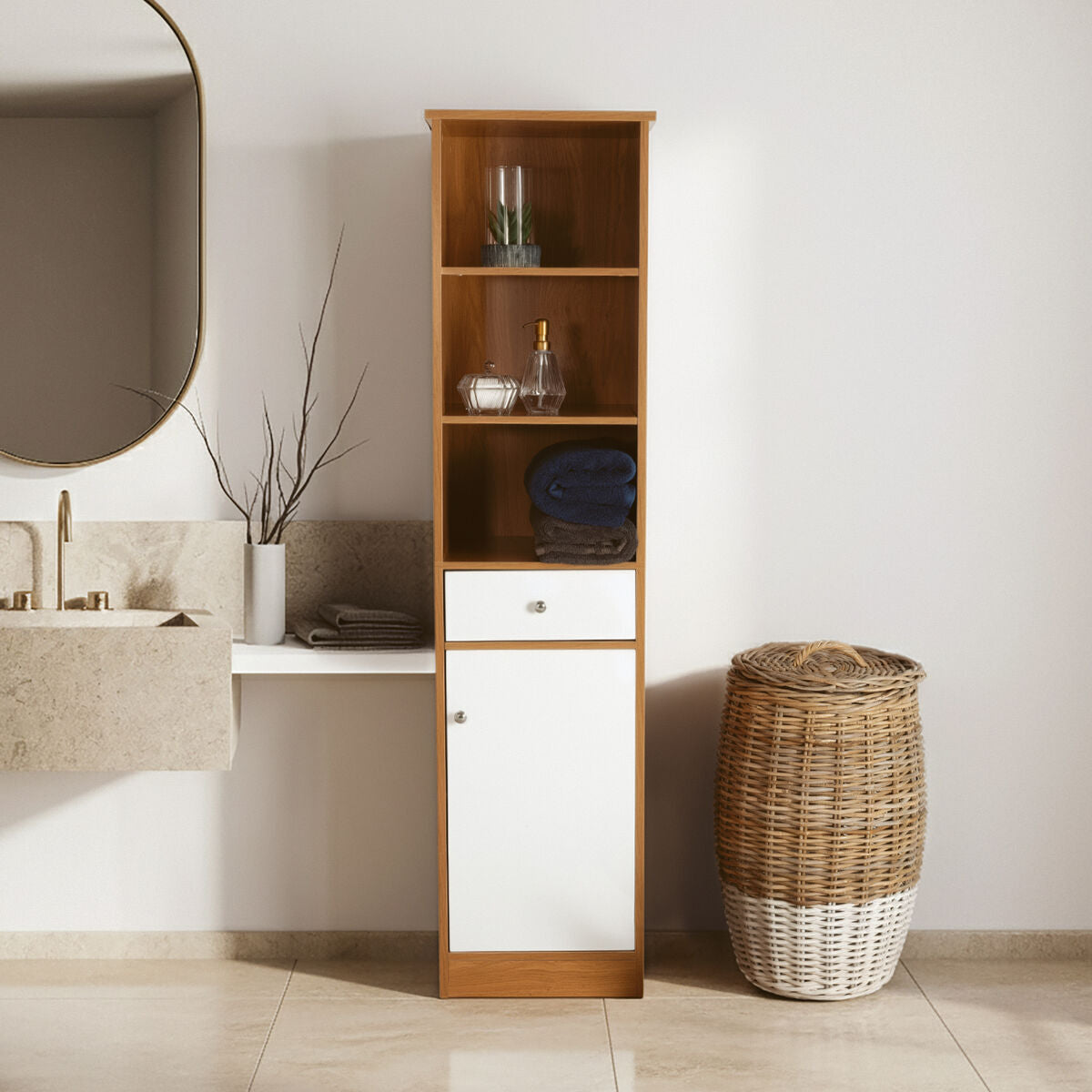 Bathroom with wooden tall cabinet, sink, and wicker basket.