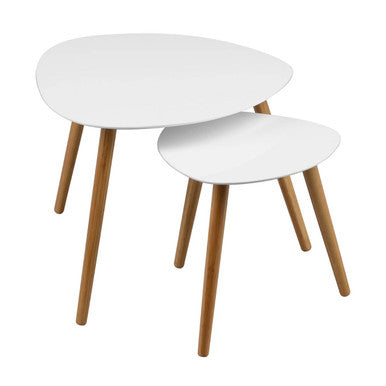 Two white nesting tables with wooden legs on a white background