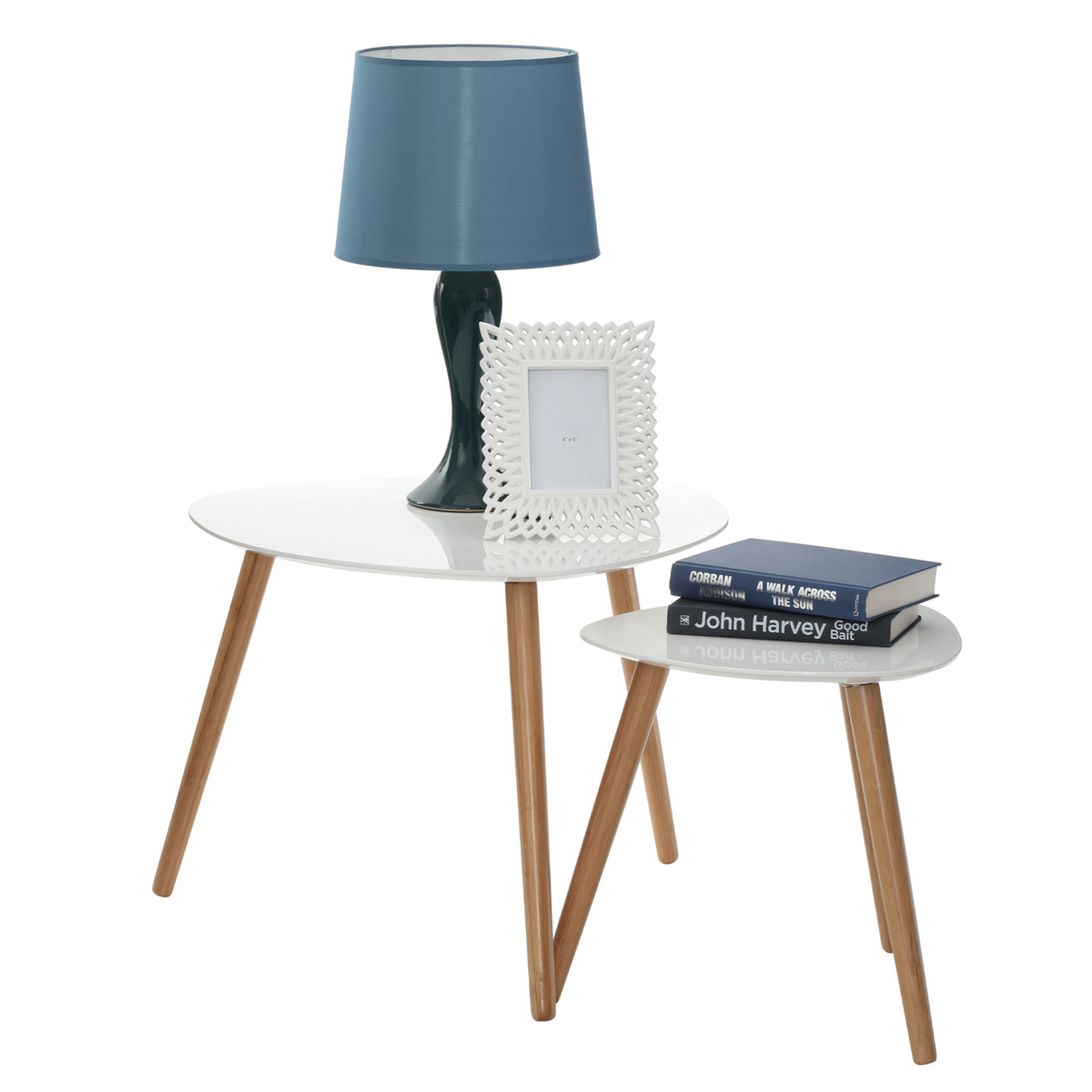 White High Gloss Top Nest of 2 Tables with Natural Wood Legs, Nostra