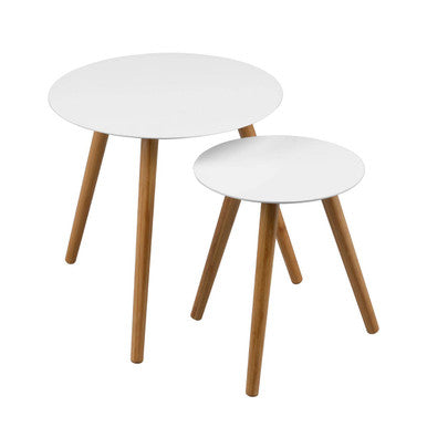 Two white side tables with wooden legs on a white background