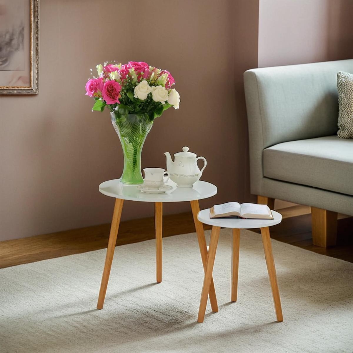White High Gloss Round Top Nest of 2 Tables with Natural Wood Legs, Nostra