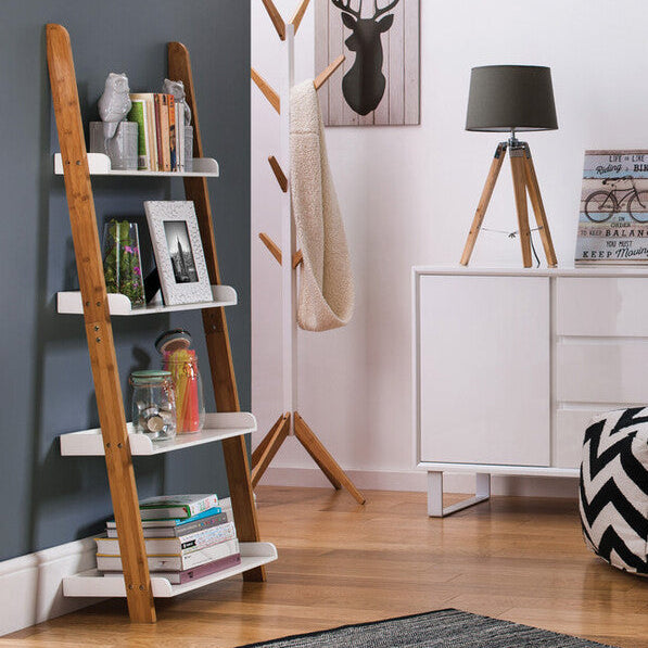 Modern living room with a ladder shelf, coat rack, and decorative items.