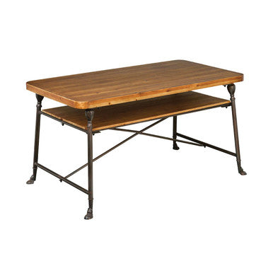Wooden table with metal legs on a white background