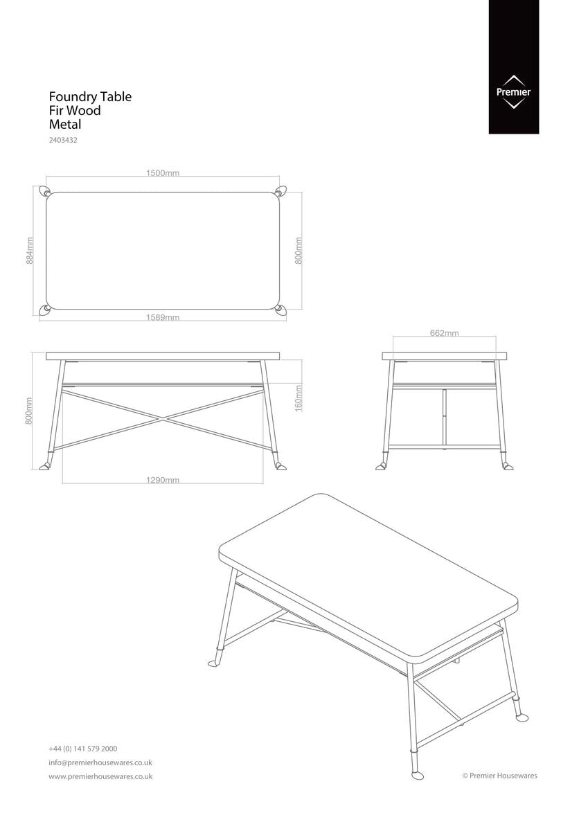 Natural Fir Wood Top Industrial Dining Table with Lower Shelf and Black Metallic Legs, Foundry