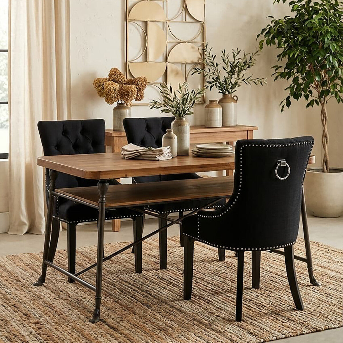 Natural Fir Wood Top Industrial Dining Table with Lower Shelf and Black Metallic Legs, Foundry