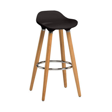 Bar stool with black seat and wooden legs on a white background