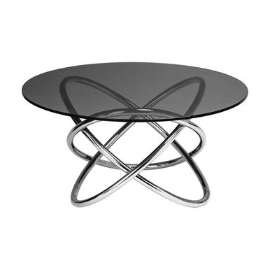 Modern glass coffee table with a metal base on a white background