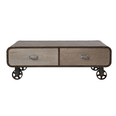 Wooden coffee table with two drawers and wheels on a white background