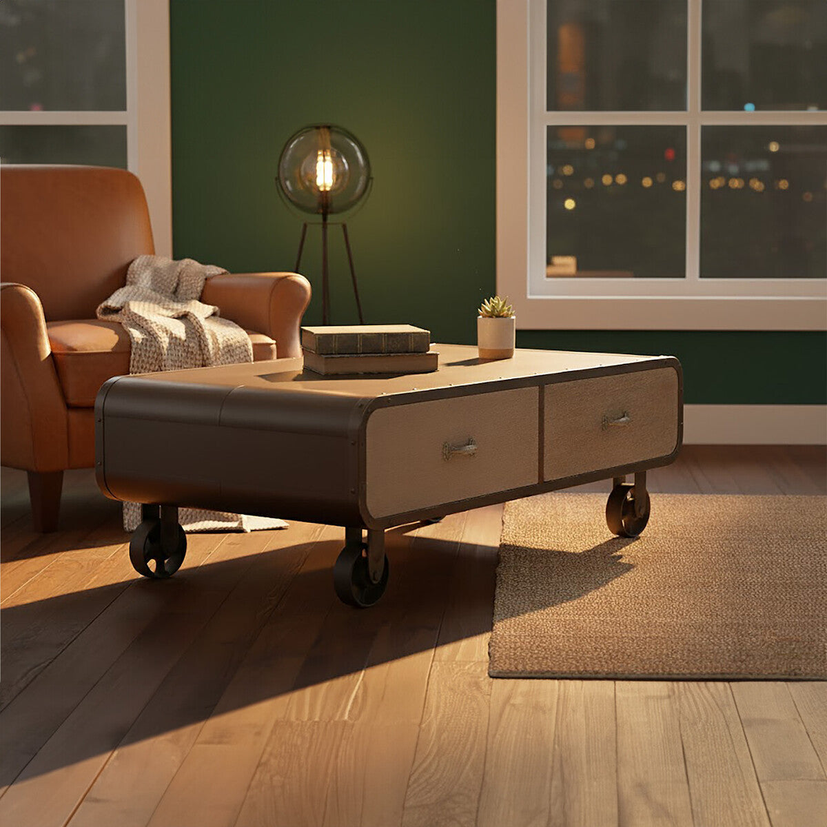 Coffee table with storage drawers in a living room setting with a brown armchair and decorative items.