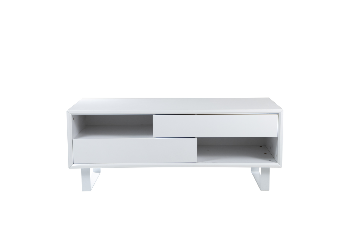 White High Gloss Coffee Table with 2 Drawers, 2 Open Shelves and White Metallic Legs, Moritz