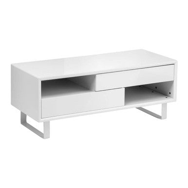 White TV stand with a drawer on a white background