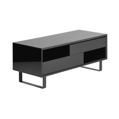 Modern black high-gloss entertainment console on a white background
