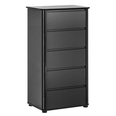 Black five-drawer dresser on a white background