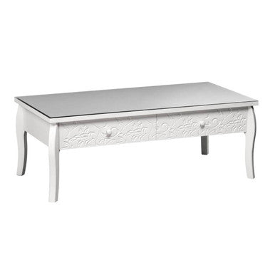 White coffee table with decorative patterns on a white background
