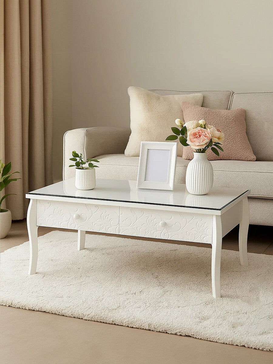 White Glass Top Coffee Table with 2 Drawers and Decorative Detailing, Chamonix