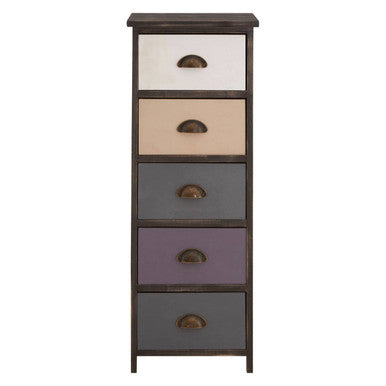 Tall narrow dresser with four colored drawers on a white background