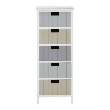 White storage tower with five colorful boxes on a white background