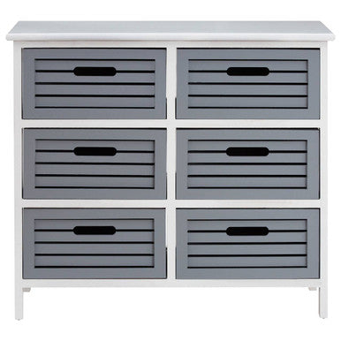White dresser with six gray drawers on a white background
