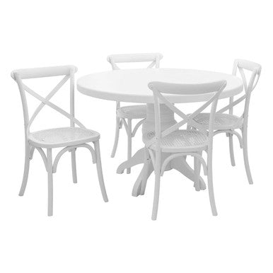White round table with four matching chairs on a white background