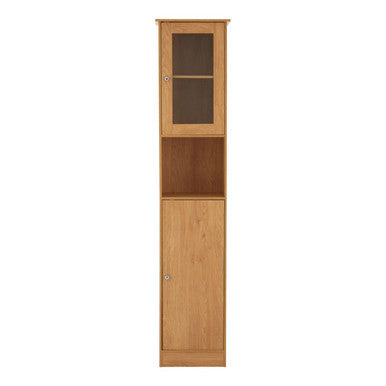 Tall wooden cabinet with glass door on a white background