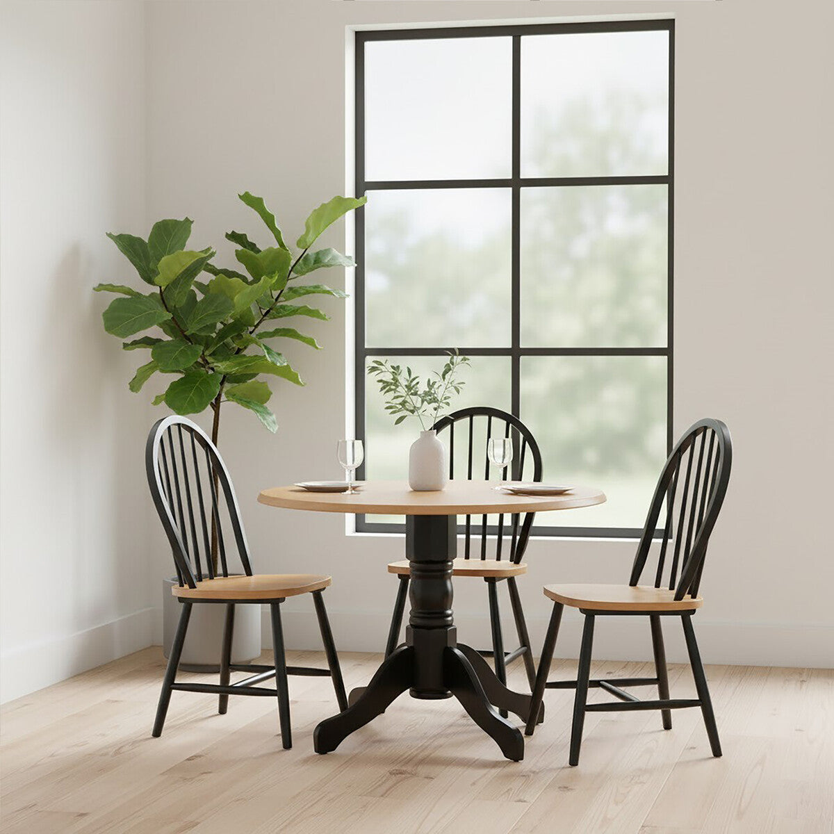 Natural Oak Veneer Wood Top Round Dining Table with Black Finish Rubberwood Base, Vermont