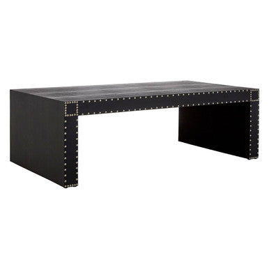 Black leather desk with nailhead trim on a white background
