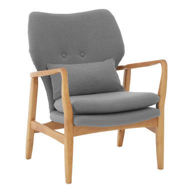 Gray cushioned armchair with wooden frame on a white background