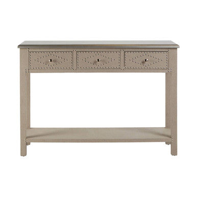 Beige console table with three drawers on a white background