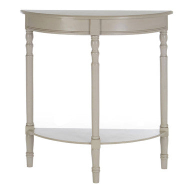 White round console table with two shelves on a white background