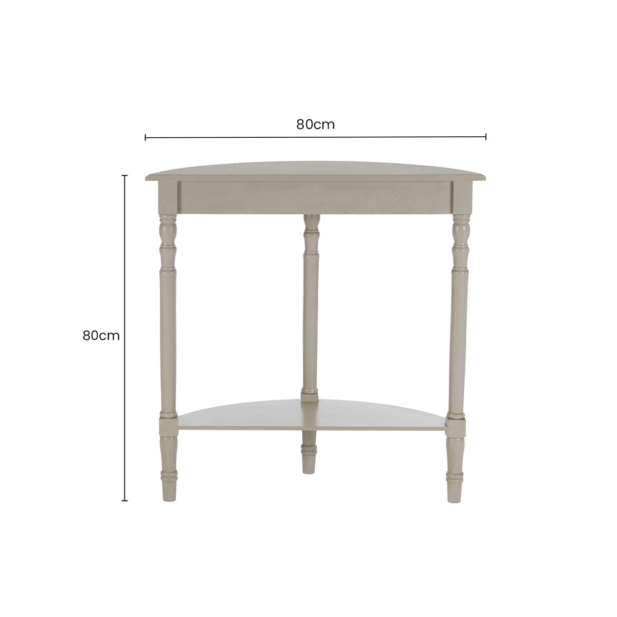 Grey Putty Pine Wood Half Moon Console Table with Open Lower Shelf and Carved Spindle Legs, Heritage