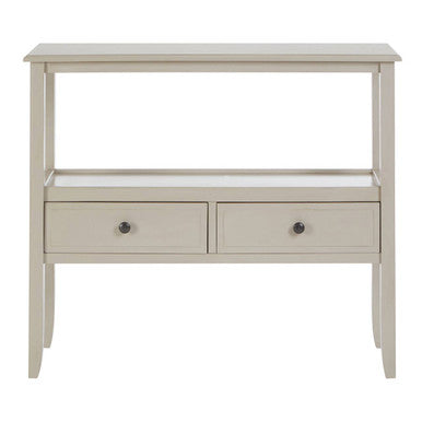 Light gray console table with two drawers on a white background
