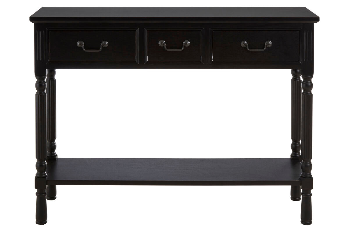 Black console table with three drawers on a white background