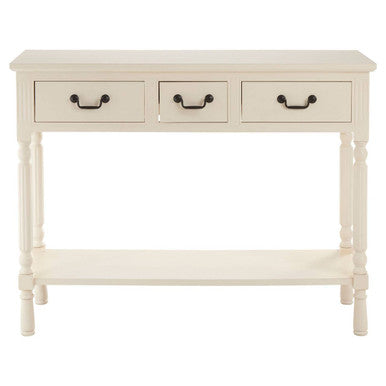 White console table with three drawers on a white background