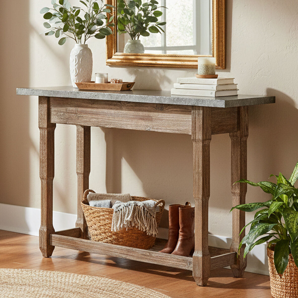 Elementary Antique Wood Finish Console Table