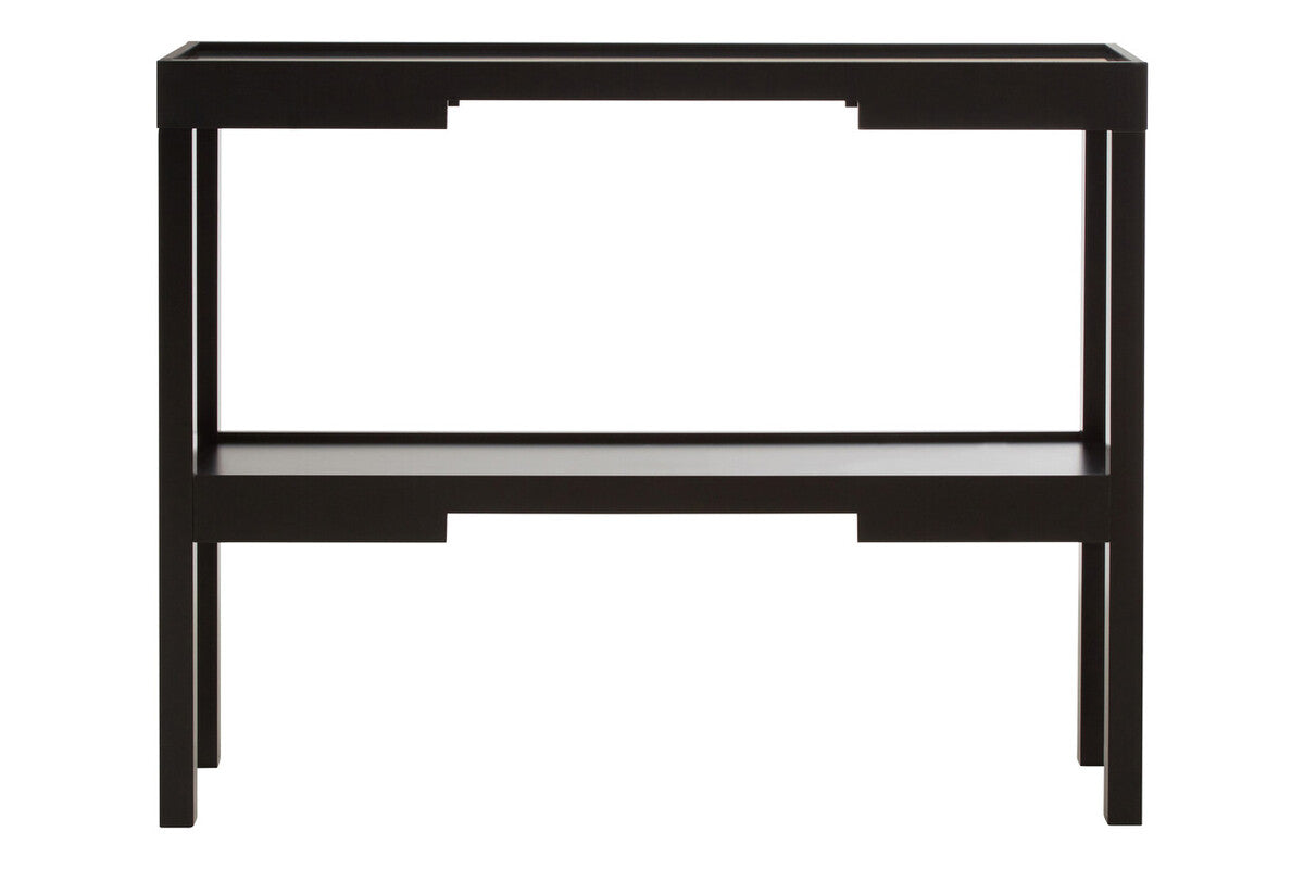 Black metal console table on a white background